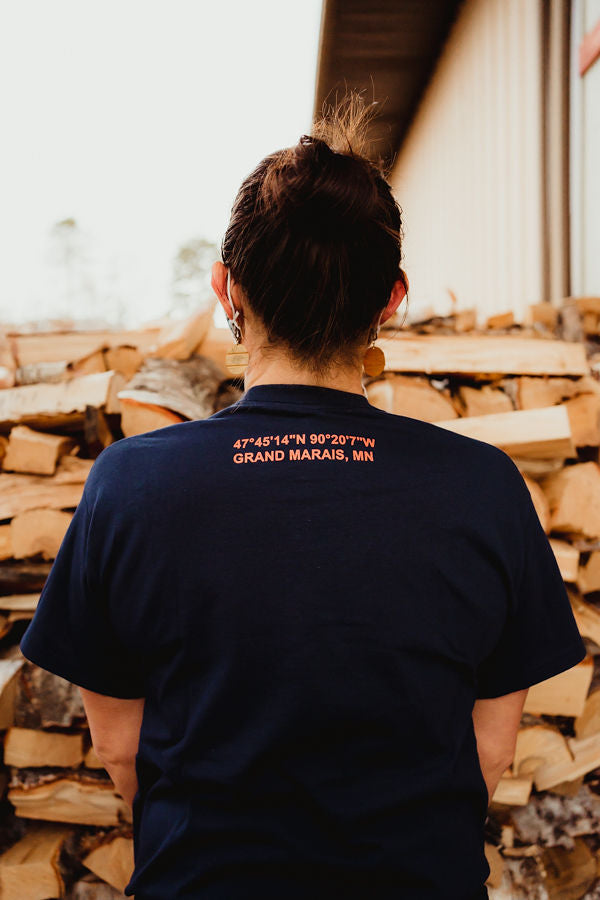Navy Tee w/ orange logo coordinates on back